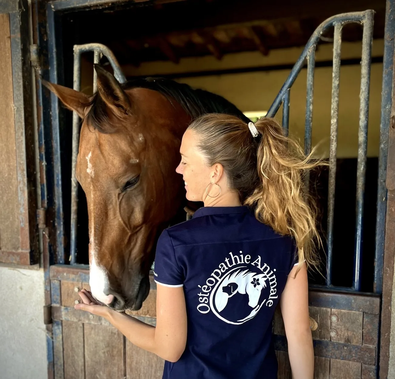 Alice Couraud, polo Ostéopathie Animale, auprès d'un cheval